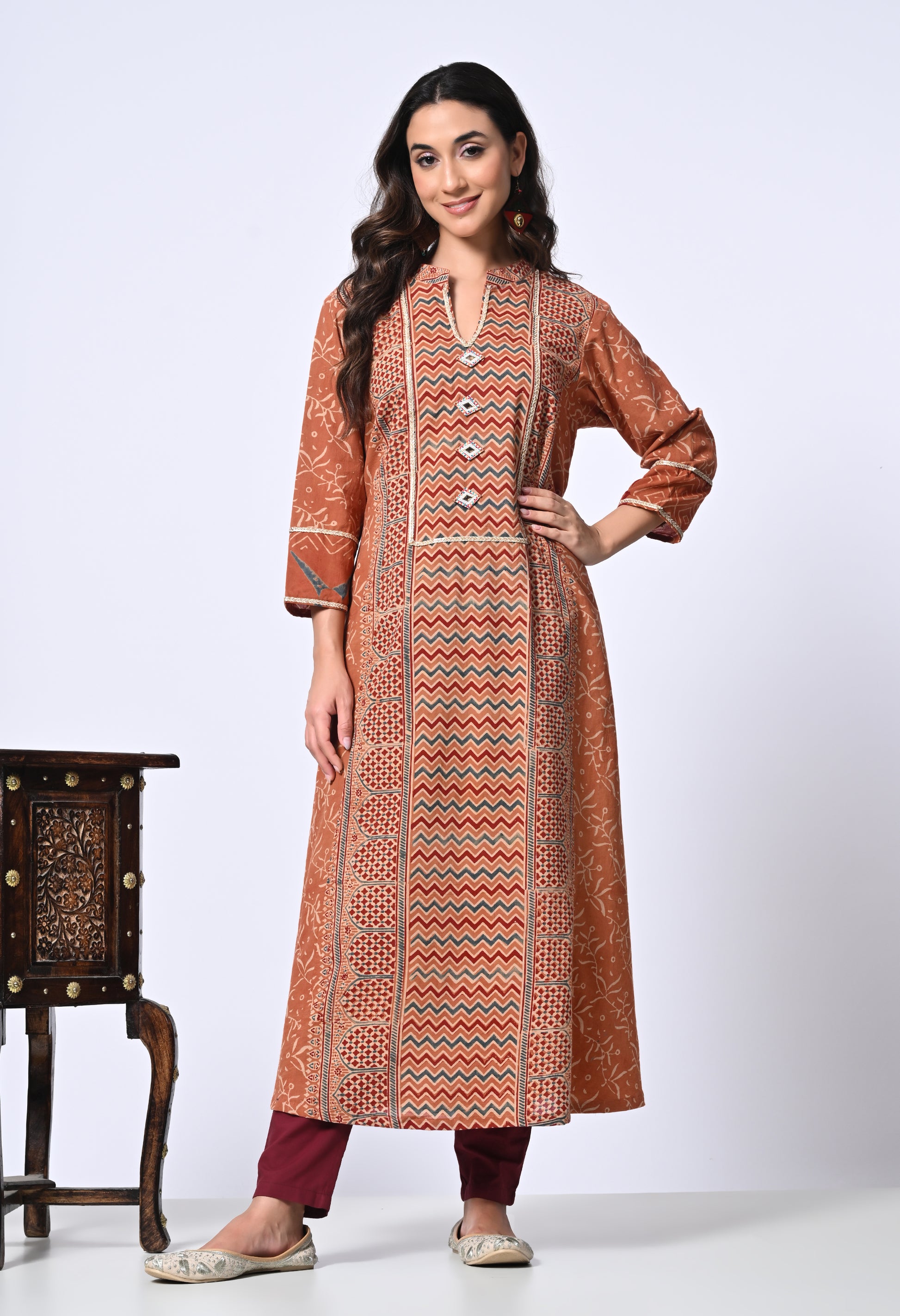 Rust Ajrakh Hand Block Printed Cotton Kurta