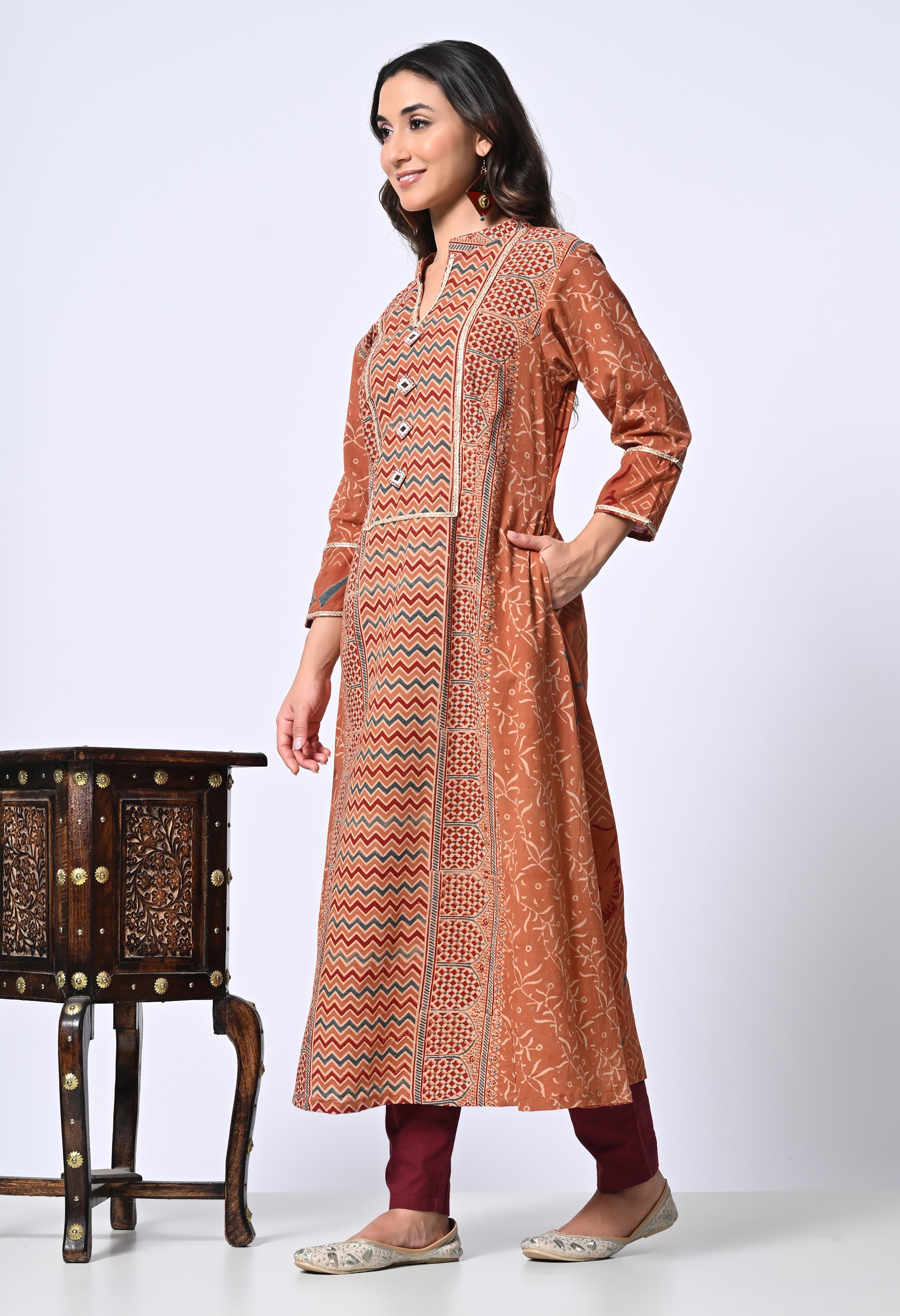 Rust Ajrakh Hand Block Printed Cotton Kurta