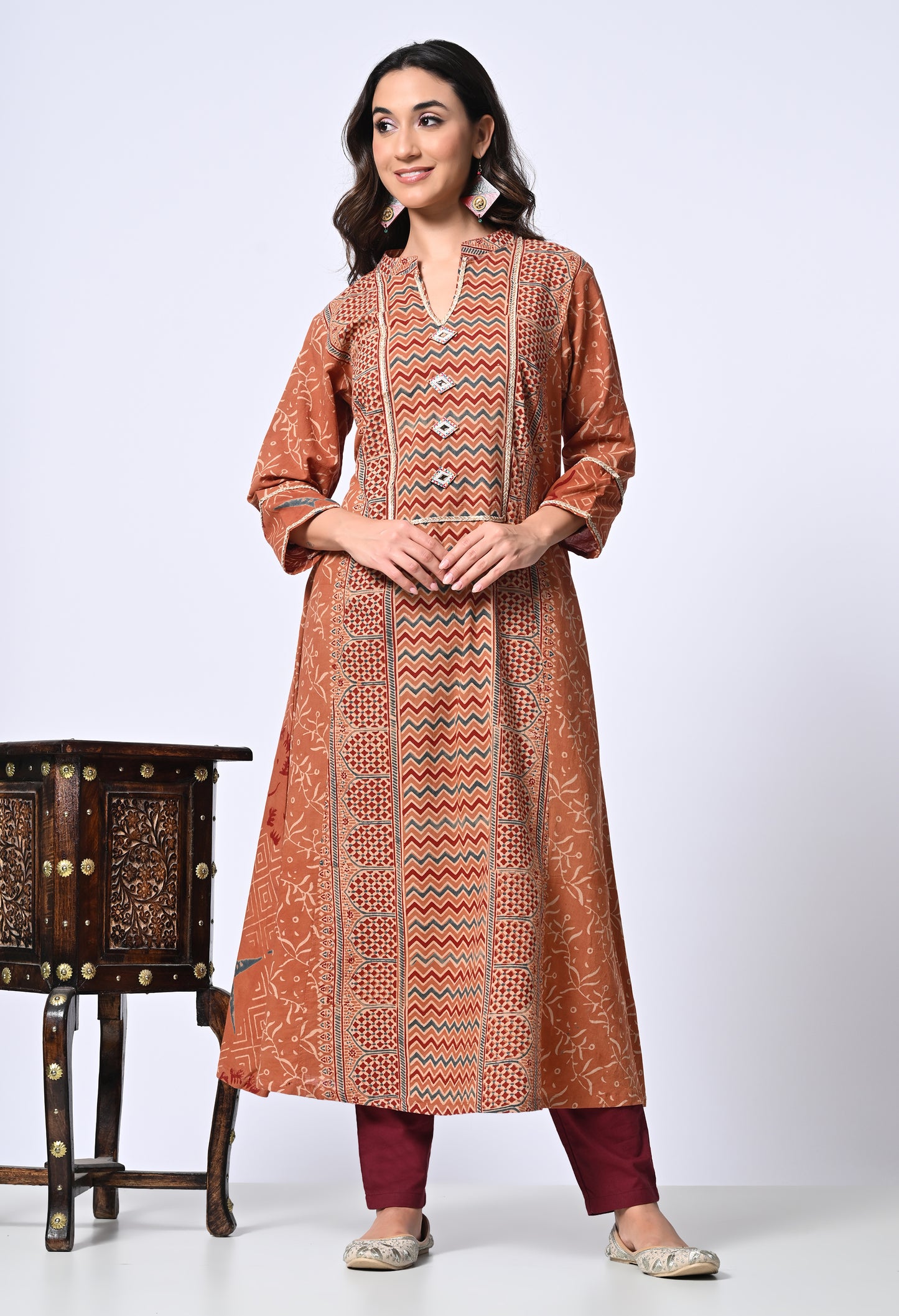 Rust Ajrakh Hand Block Printed Cotton Kurta