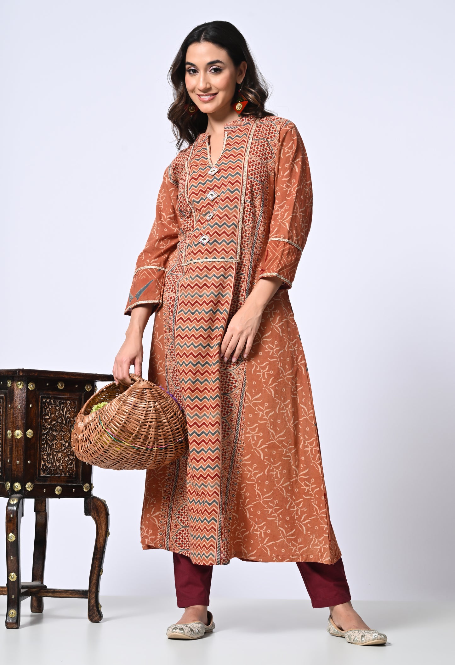 Rust Ajrakh Hand Block Printed Cotton Kurta