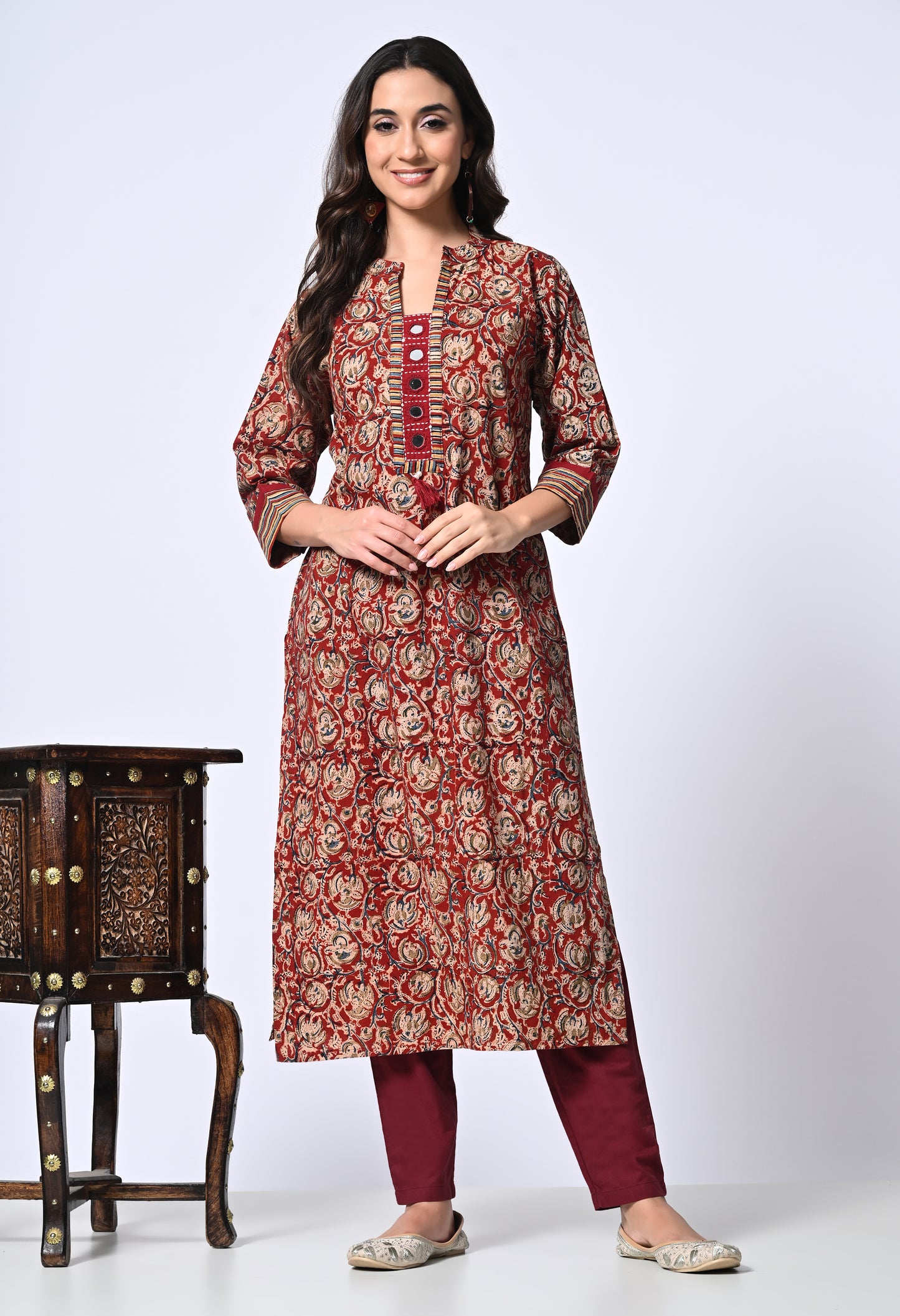 Maroon Kalamkari Kurta with Mirror work