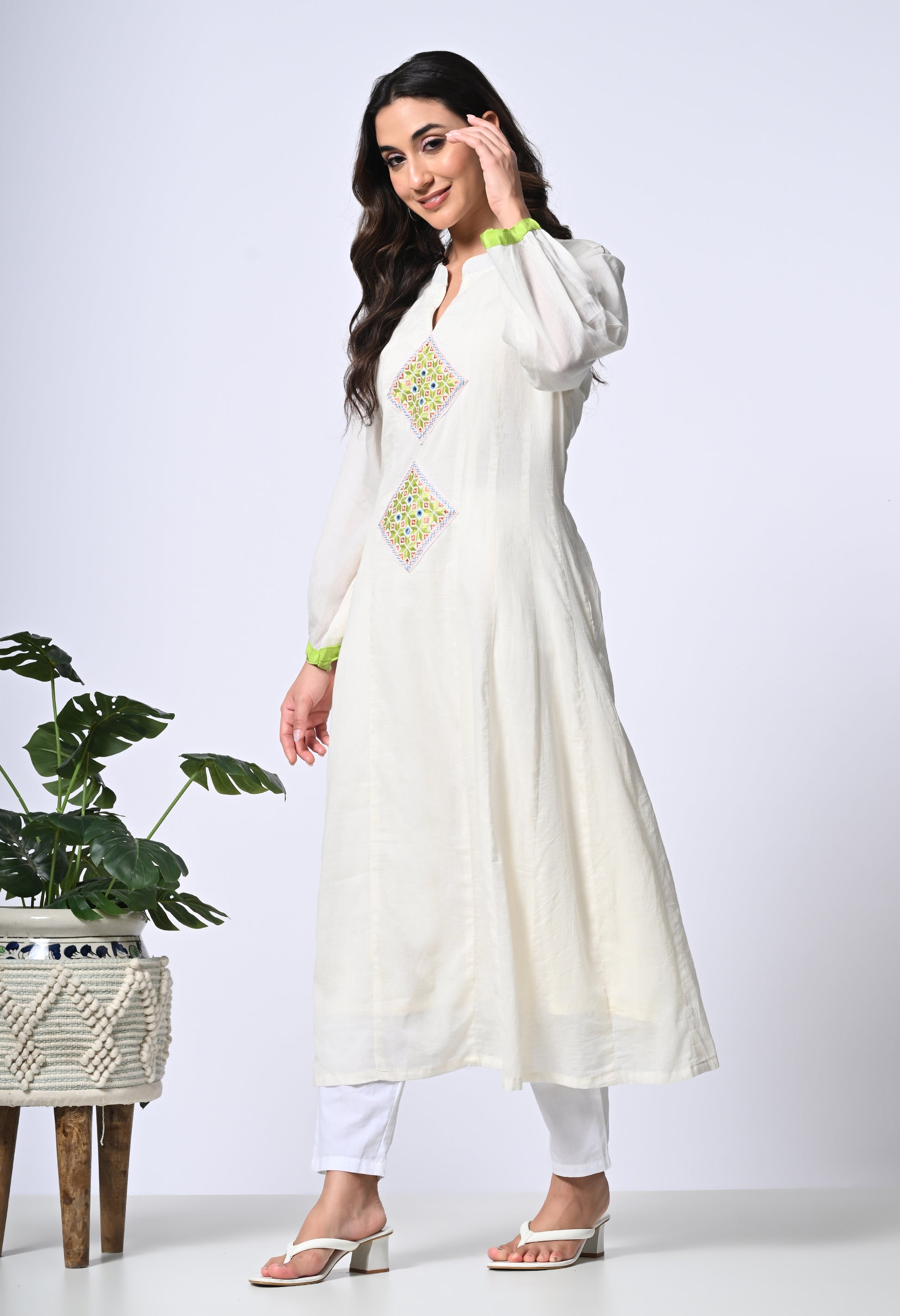 White Cotton kurta with Kutch embroidery