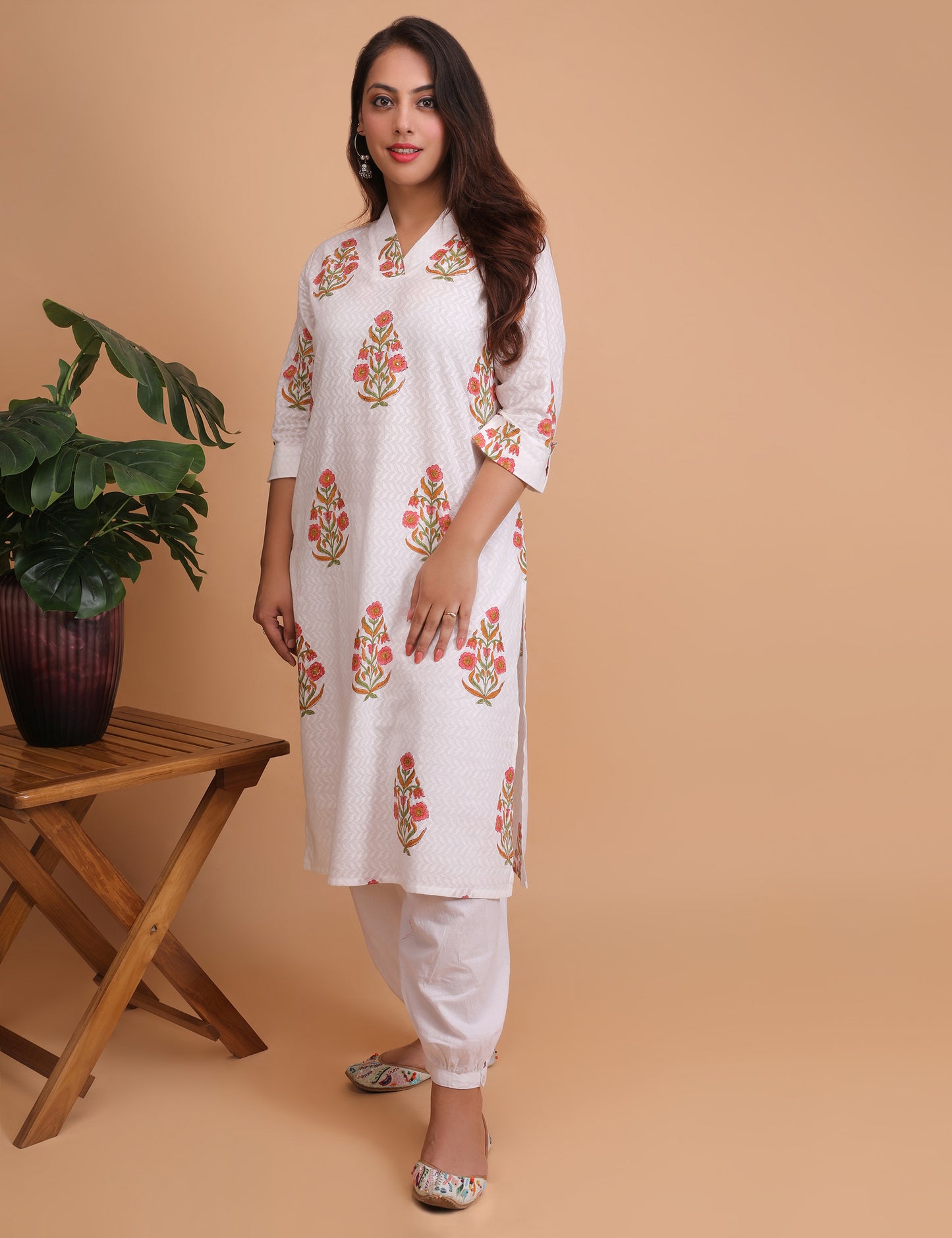 White Cotton Hand block Printed Regular fit kurta