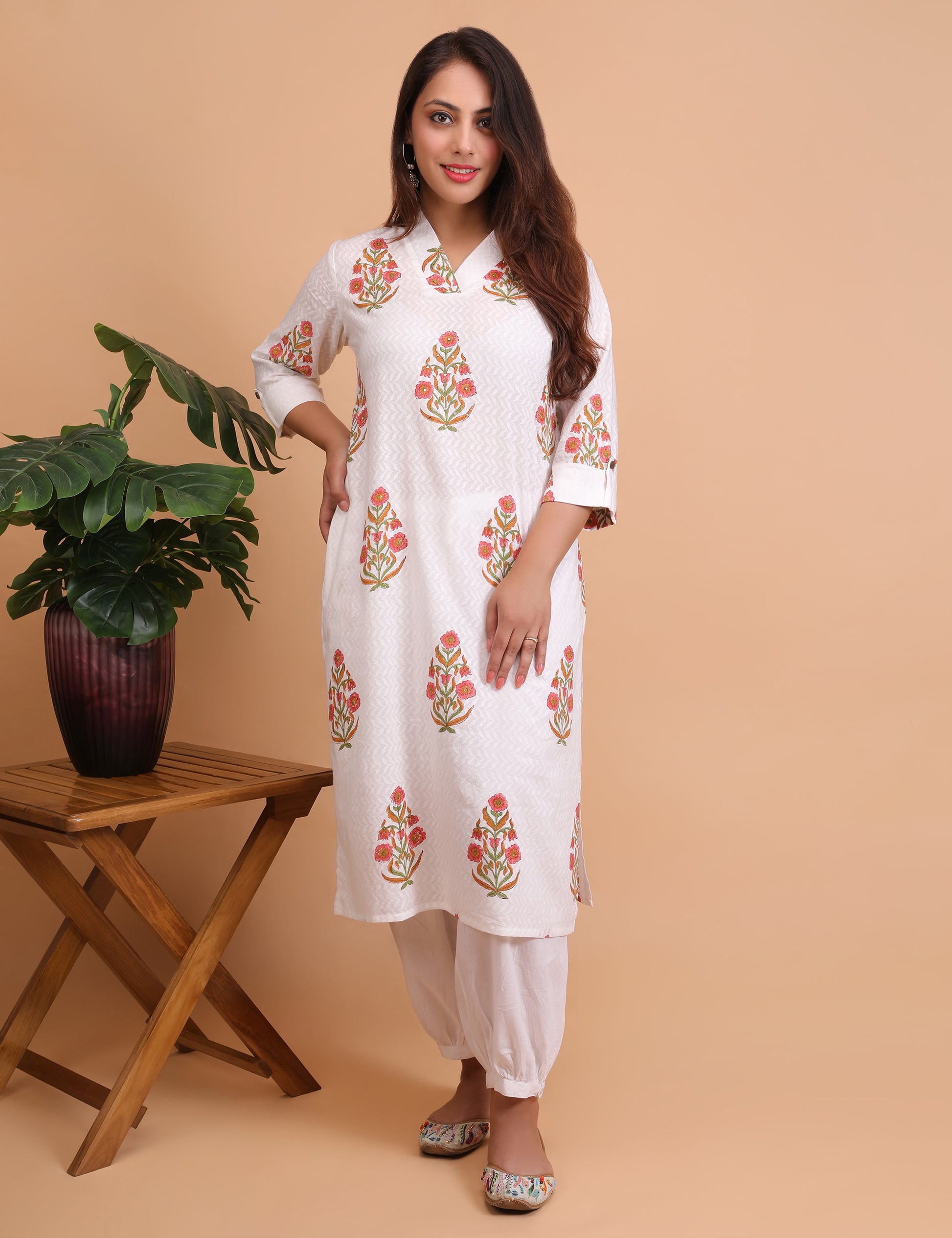 White Cotton Hand block Printed Regular fit kurta