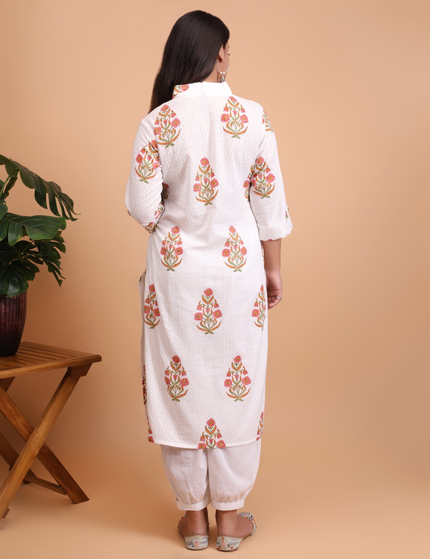 White Cotton Hand block Printed Regular fit kurta