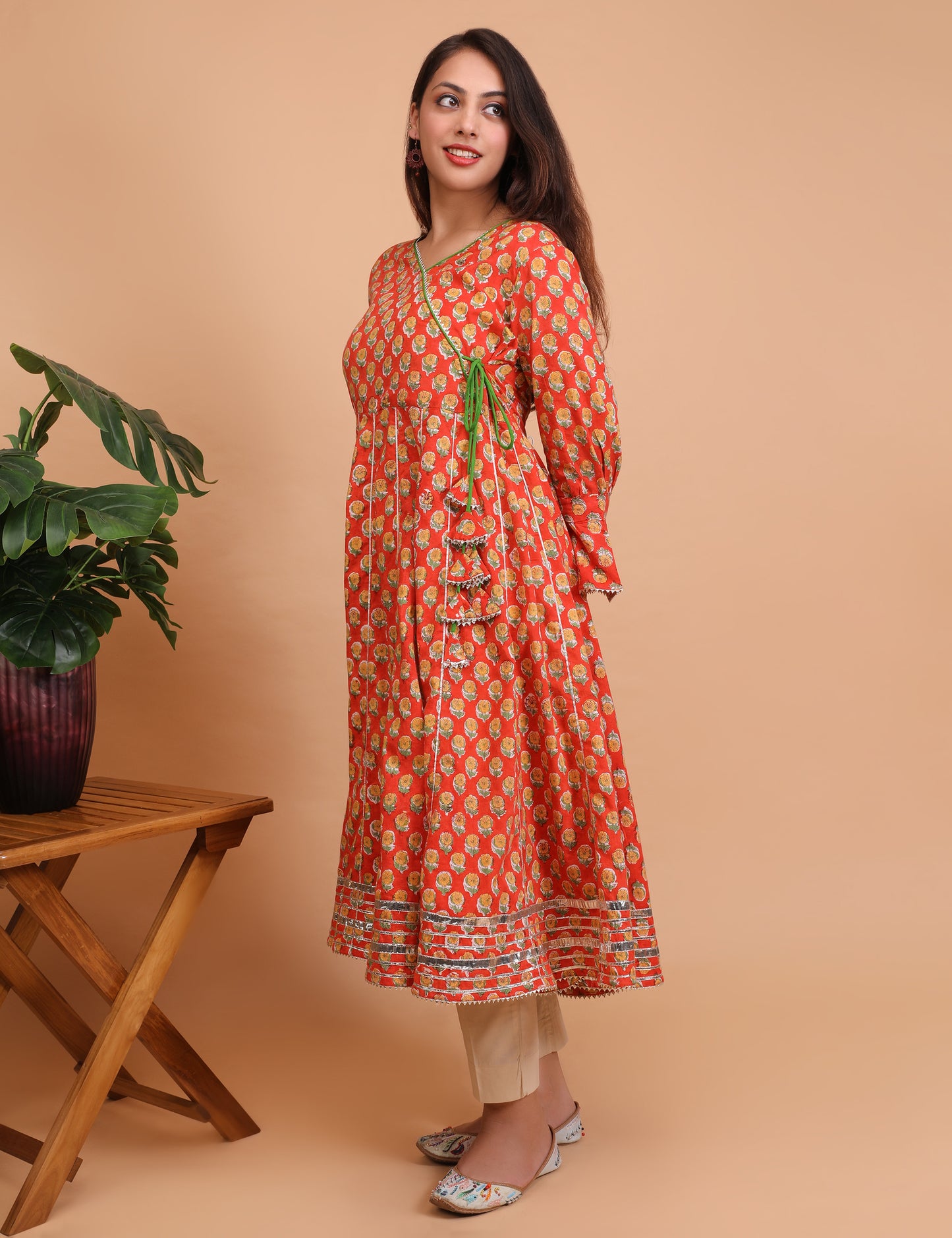 Red Sanganeri Hand Bock Anarkali Kurta