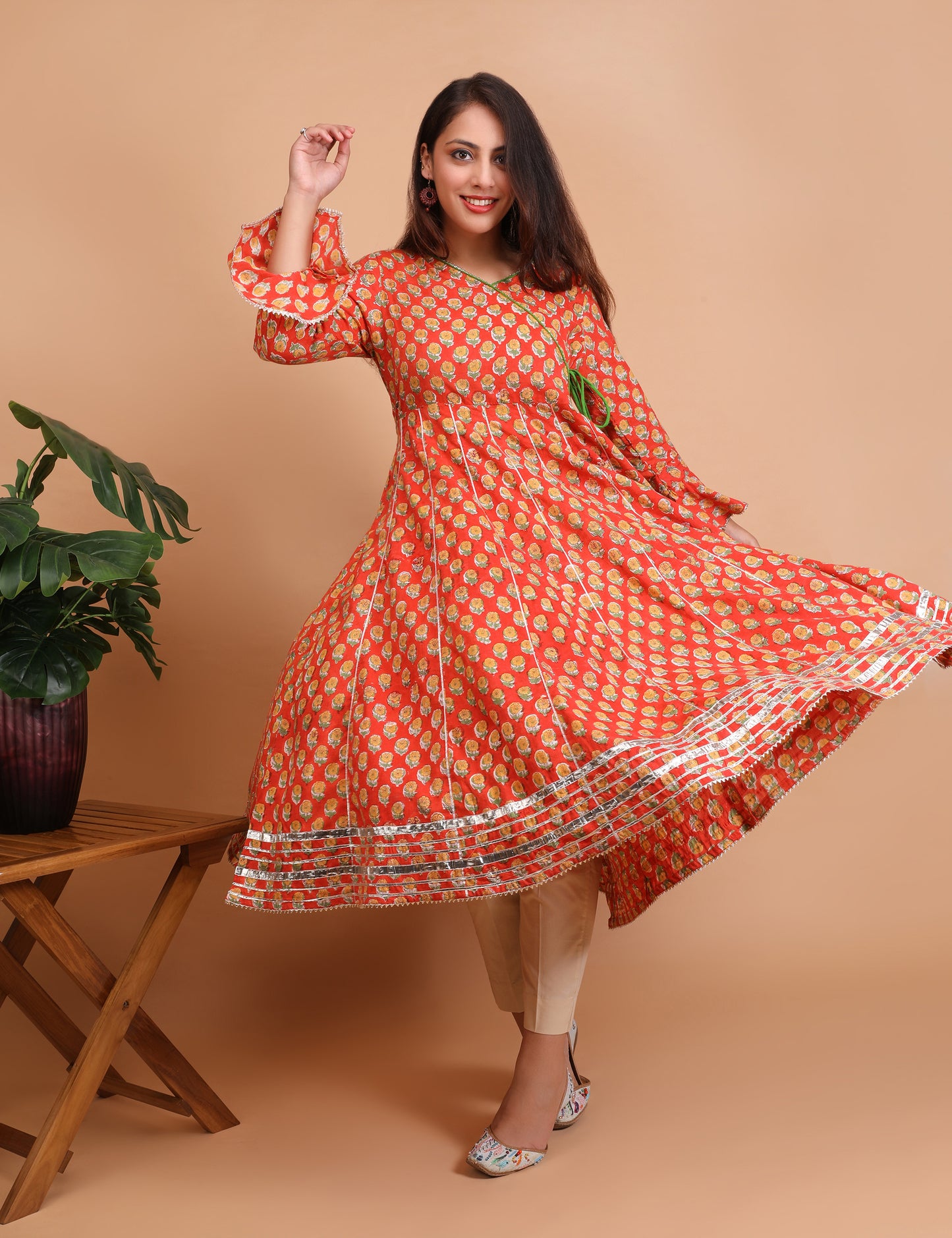 Red Sanganeri Hand Bock Anarkali Kurta