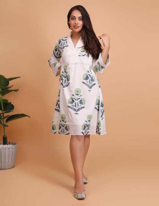 White Hand block Printed Knee Length Cotton Dress