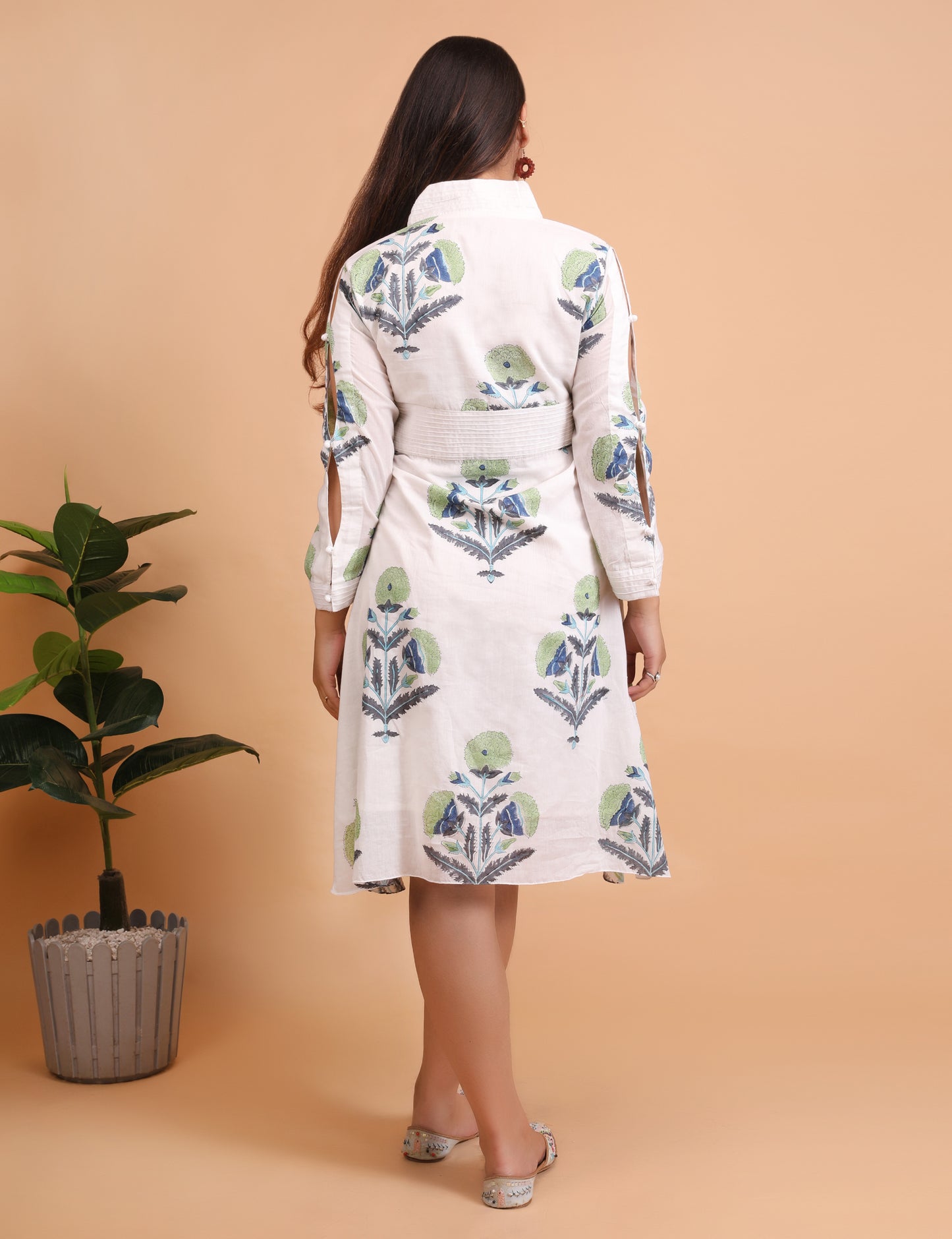 White Hand block Printed Knee Length Cotton Dress