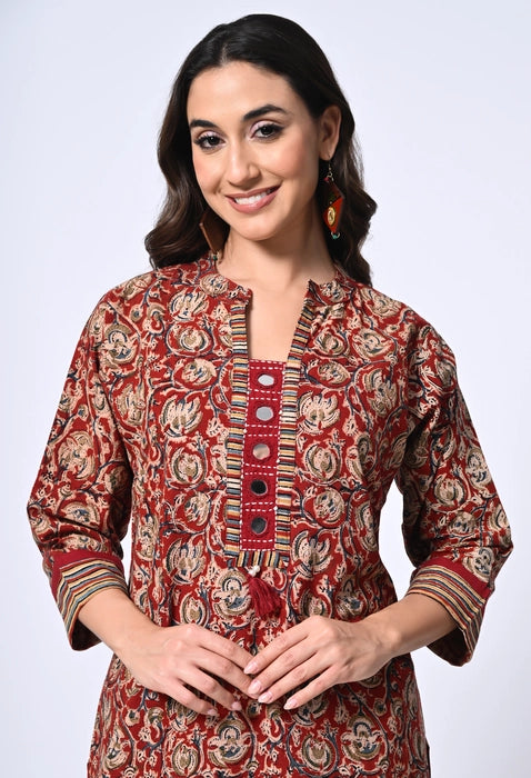 Maroon Kalamkari Kurta with Mirror work