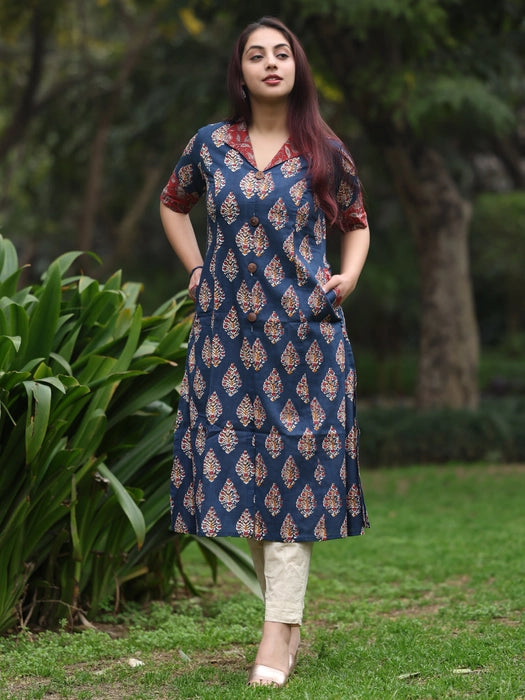 Blue and Red Long Printed Cotton kurta