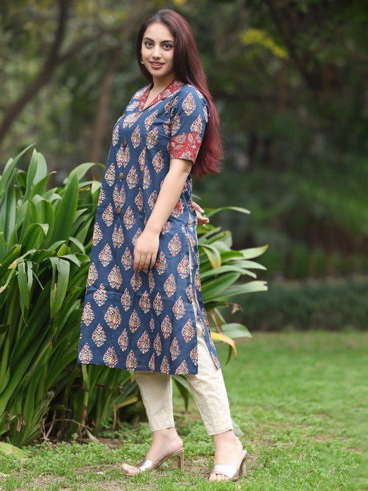 Blue and Red Long Printed Cotton kurta