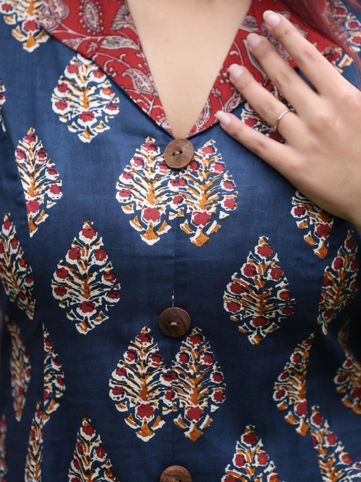 Blue and Red Long Printed Cotton kurta