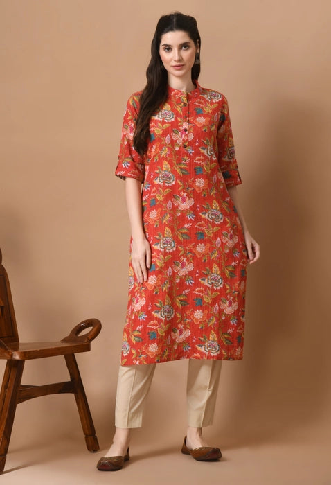 Red Cotton Printed Knee Length Kurta